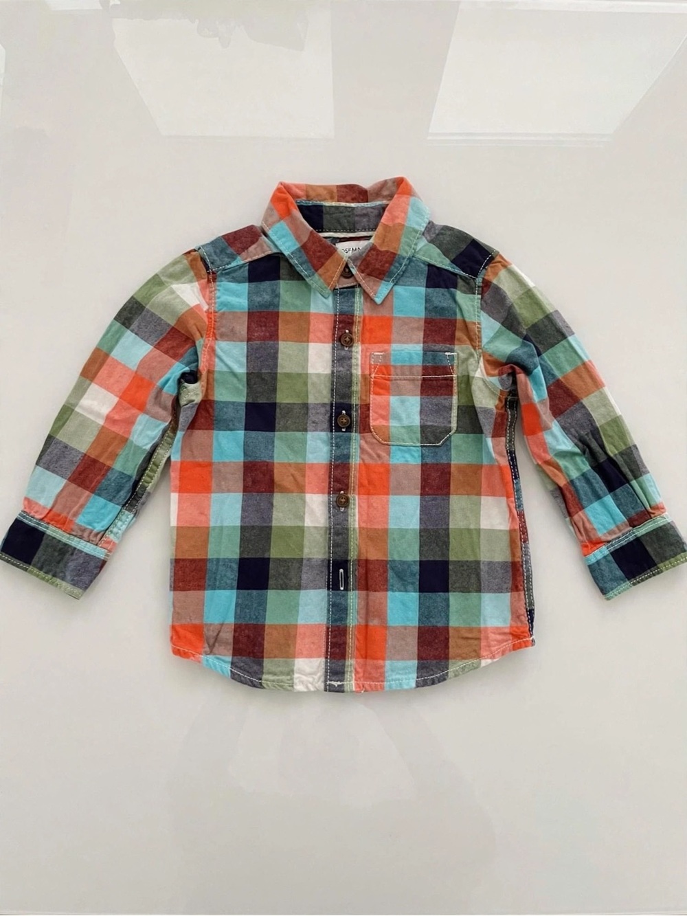 Carter's 12 Month Baby Boy Plaid Button Down Shirt Long Sleeve Orange Teal Green